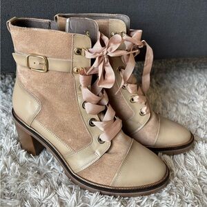 SOFTWAVES. Are these not the cutest? Taupe suede ribbon lace ankle boots.